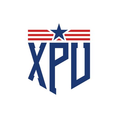 Patriotic XPU Logo with Star and American Flag Straps. Letter XPU Logo with USA Flag clipart