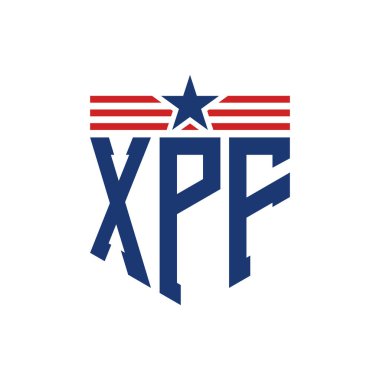 Patriotic XPF Logo with Star and American Flag Straps. Letter XPF Logo with USA Flag clipart