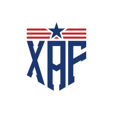 Patriotic XAF Logo with Star and American Flag Straps. Letter XAF Logo with USA Flag clipart