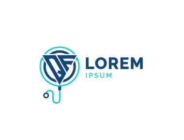 QF Tıbbi Logosu. Stetoskop Simgesi ile Doktor, Hastane, Eczane ve Tedavi Hizmetleri için QF Sağlık Logosu