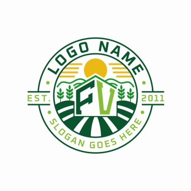 Modern Farmhouse FV Logo Tasarımı. Güneş, Alan ve Doğa Elementleri ile FV Tarım Logosu