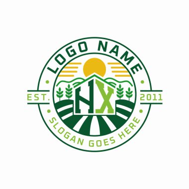 Modern Farmhouse HX Logo Tasarımı. Harf HX Tarım Logosu Güneş, Alan ve Doğa Elementleri