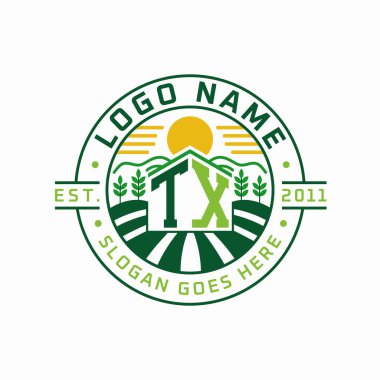 Modern Farmhouse TX Logo Tasarımı. Güneş, Alan ve Doğa Elementleriyle TX Tarım Logosu