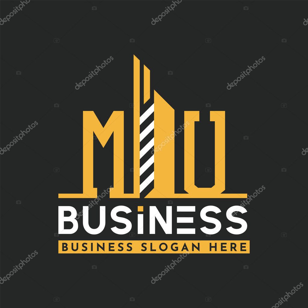 Modern MU Letter Logo Design with Skyscraper Shape. Bold Geometric MU Building Logo for Corporate Business Branding