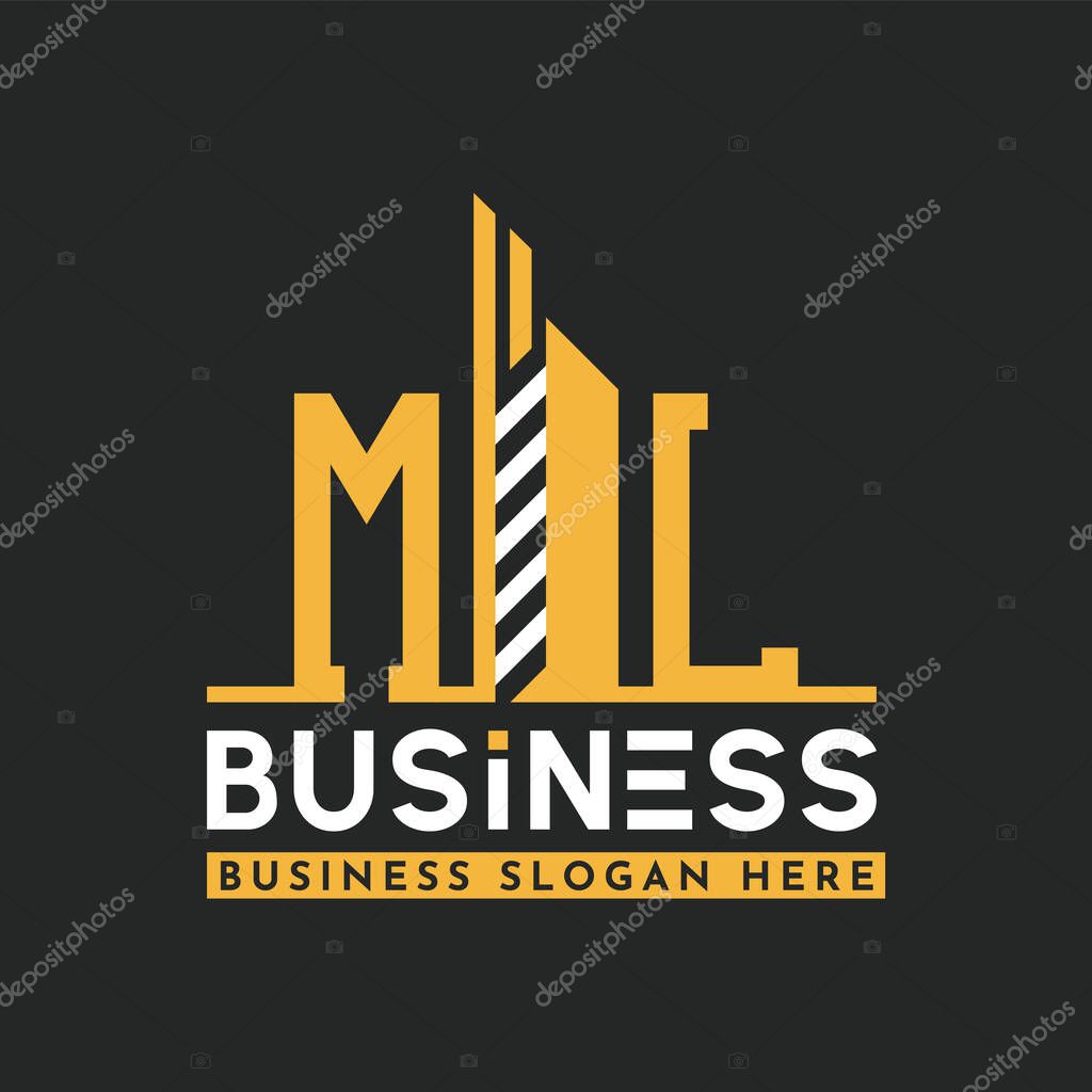 Modern ML Letter Logo Design with Skyscraper Shape. Bold Geometric ML Building Logo for Corporate Business Branding