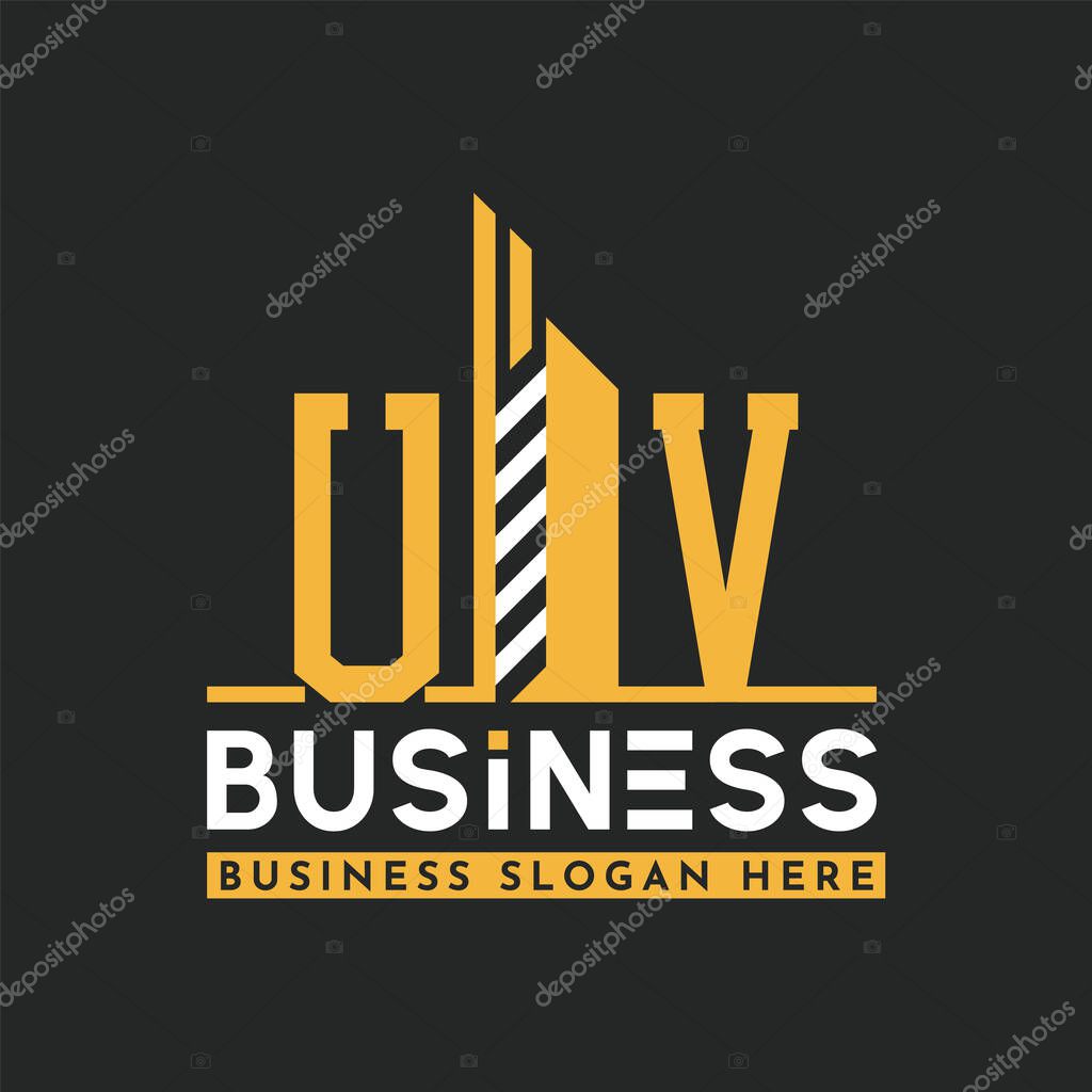 Modern UV Letter Logo Design with Skyscraper Shape. Bold Geometric UV Building Logo for Corporate Business Branding