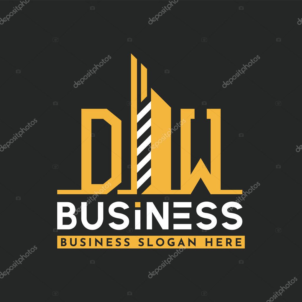 Modern DW Letter Logo Design with Skyscraper Shape. Bold Geometric DW Building Logo for Corporate Business Branding