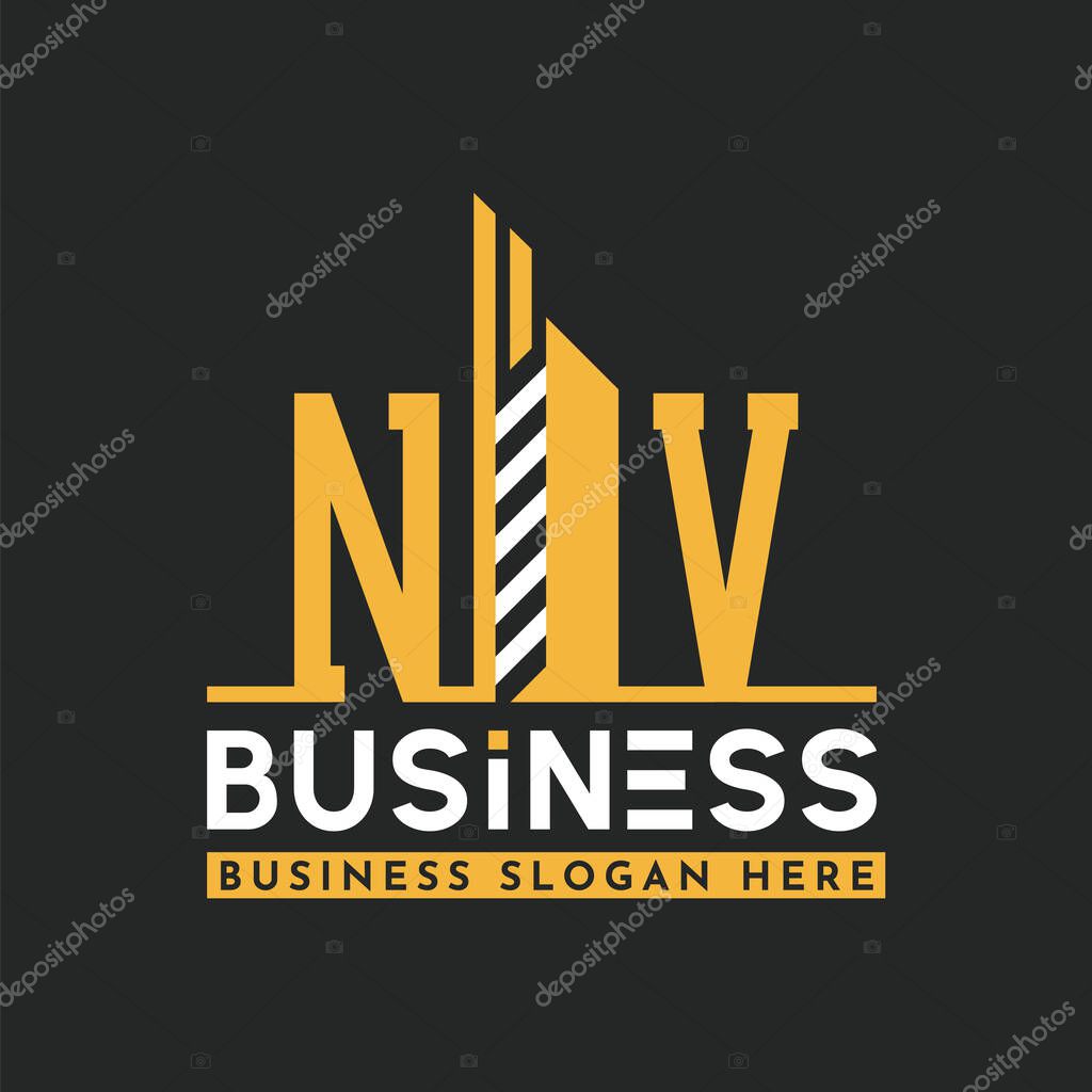 Modern NV Letter Logo Design with Skyscraper Shape. Bold Geometric NV Building Logo for Corporate Business Branding