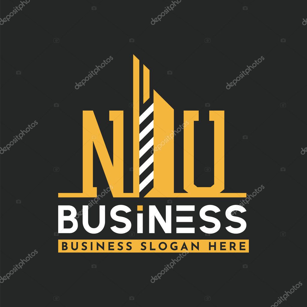 Modern NU Letter Logo Design with Skyscraper Shape. Bold Geometric NU Building Logo for Corporate Business Branding