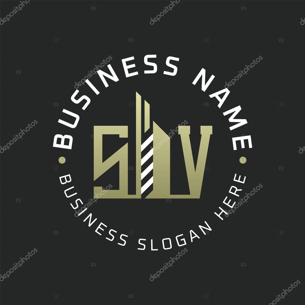 SV Letter Logo Design with Skyscraper Building. Modern SV Circular Badge Logo for Business Branding Real Estate Construction Company