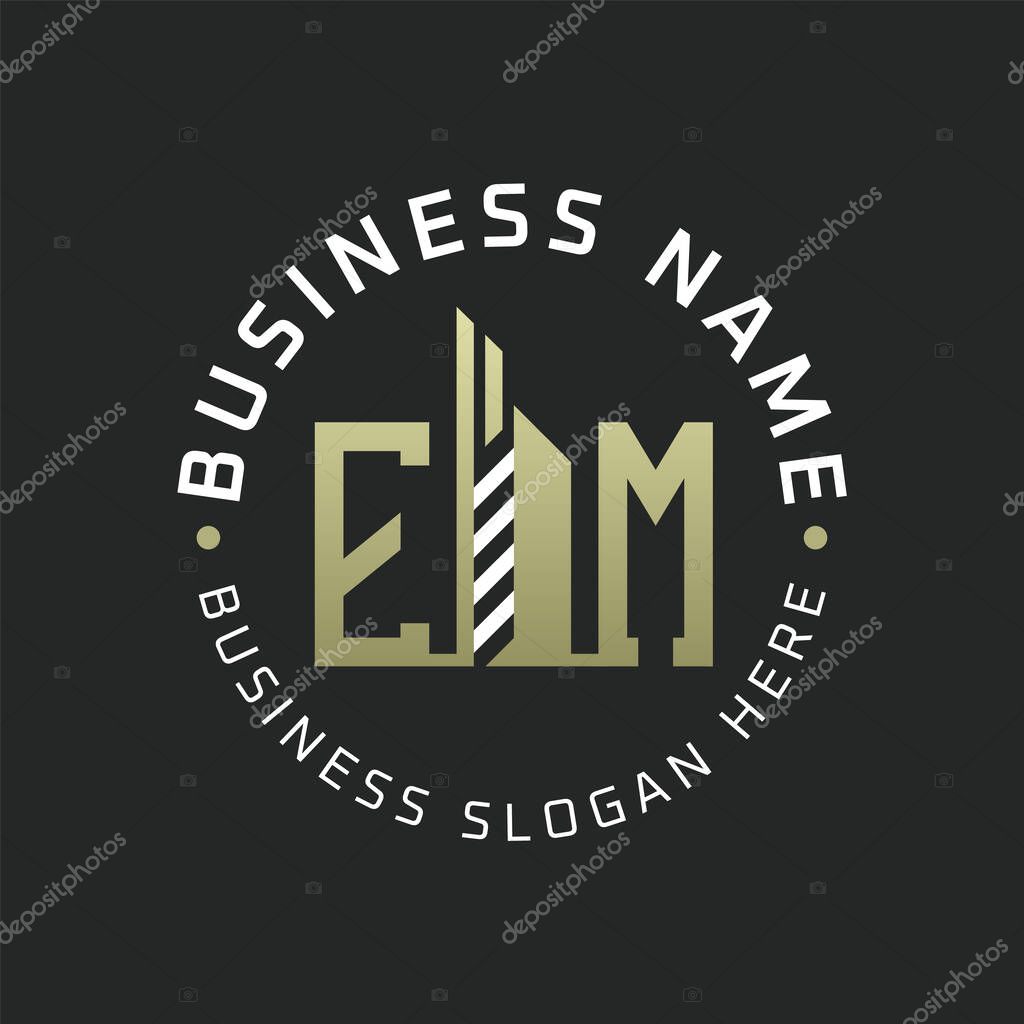 EM Letter Logo Design with Skyscraper Building. Modern EM Circular Badge Logo for Business Branding Real Estate Construction Company