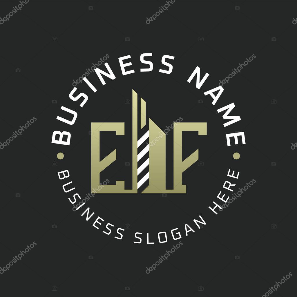 EF Letter Logo Design with Skyscraper Building. Modern EF Circular Badge Logo for Business Branding Real Estate Construction Company