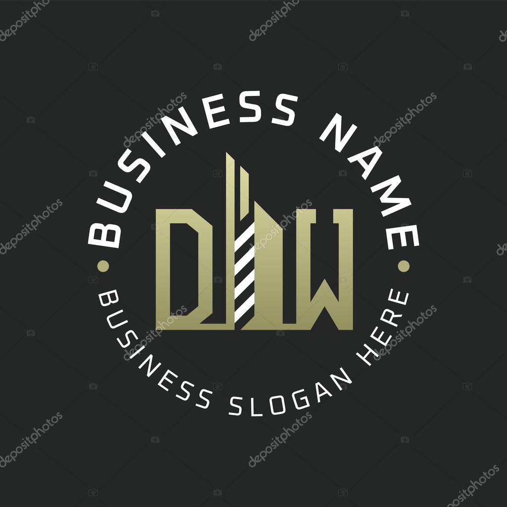 DW Letter Logo Design with Skyscraper Building. Modern DW Circular Badge Logo for Business Branding Real Estate Construction Company