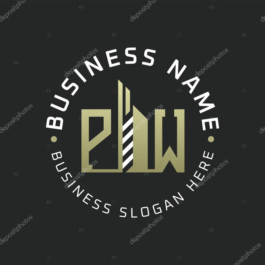 PW Letter Logo Design with Skyscraper Building. Modern PW Circular Badge Logo for Business Branding Real Estate Construction Company