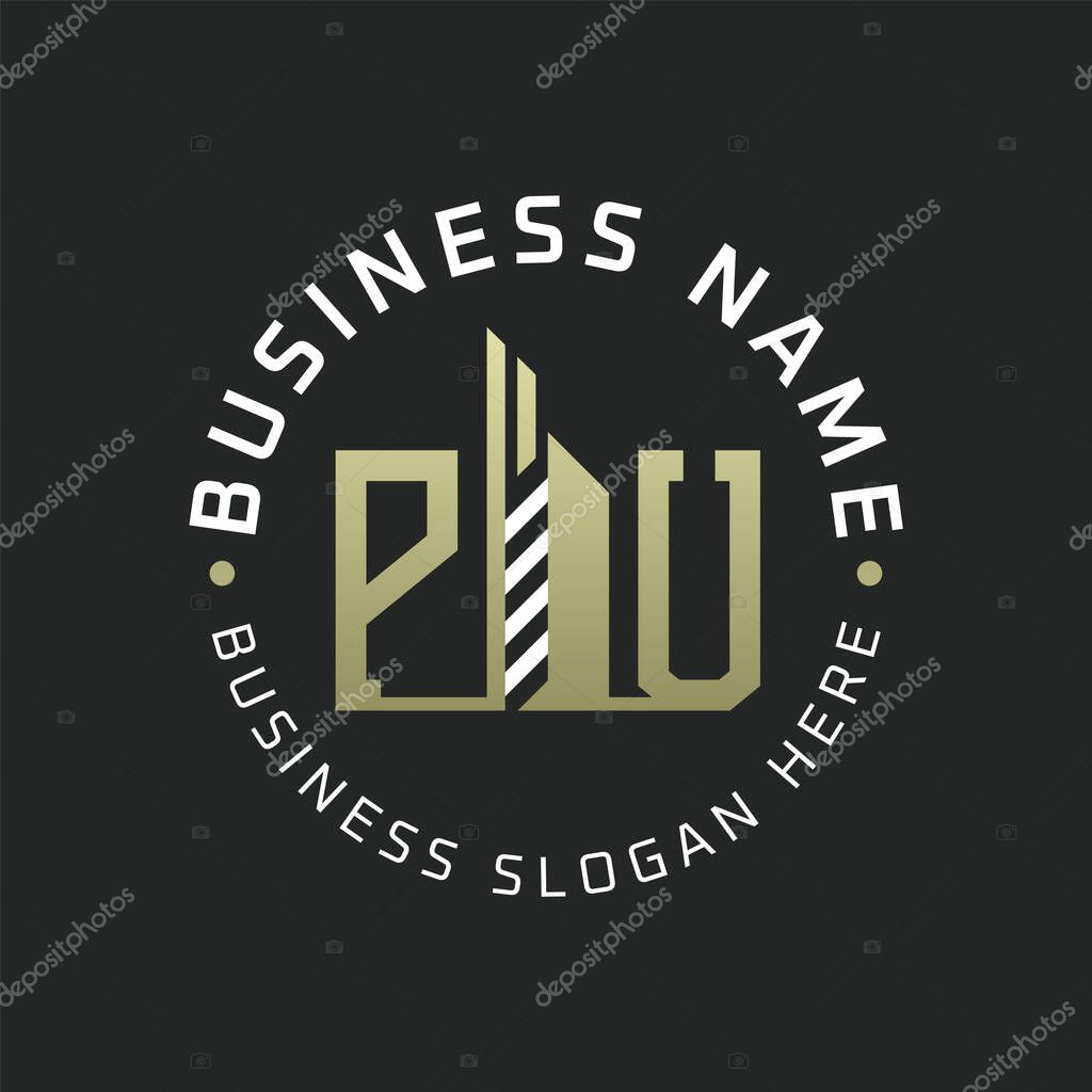 PU Letter Logo Design with Skyscraper Building. Modern PU Circular Badge Logo for Business Branding Real Estate Construction Company