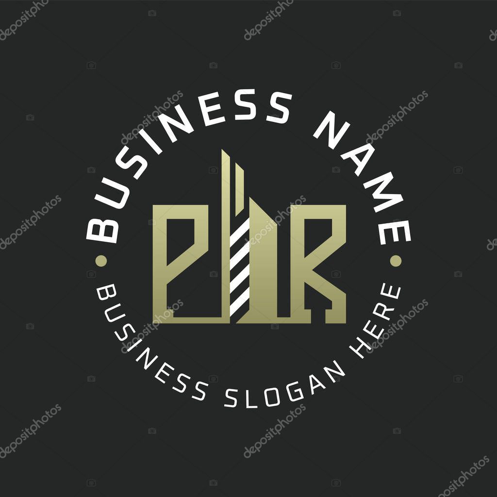 PR Letter Logo Design with Skyscraper Building. Modern PR Circular Badge Logo for Business Branding Real Estate Construction Company