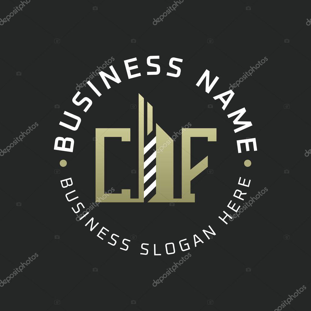 CF Letter Logo Design with Skyscraper Building. Modern CF Circular Badge Logo for Business Branding Real Estate Construction Company