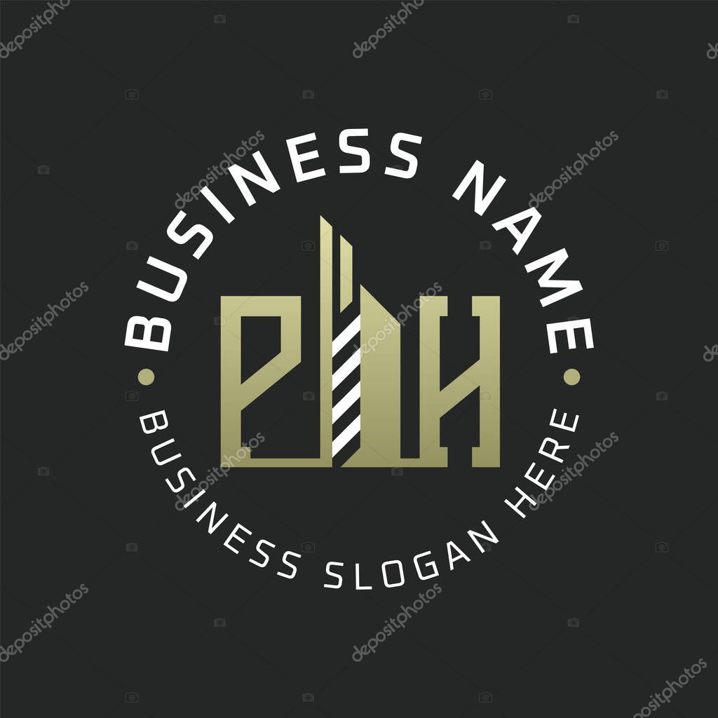 PH Letter Logo Design with Skyscraper Building. Modern PH Circular Badge Logo for Business Branding Real Estate Construction Company