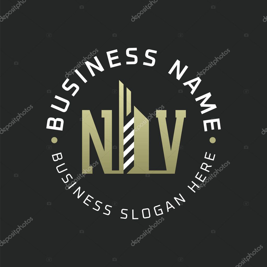 NV Letter Logo Design with Skyscraper Building. Modern NV Circular Badge Logo for Business Branding Real Estate Construction Company