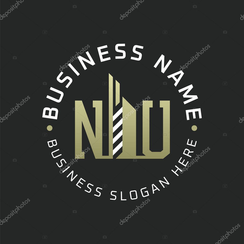 NU Letter Logo Design with Skyscraper Building. Modern NU Circular Badge Logo for Business Branding Real Estate Construction Company