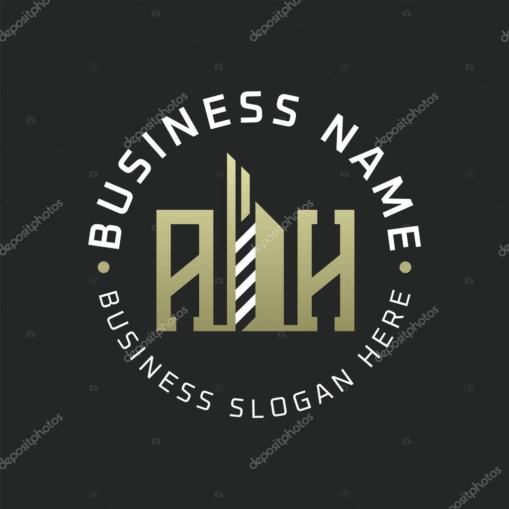 AH Letter Logo Design with Skyscraper Building. Modern AH Circular Badge Logo for Business Branding Real Estate Construction Company