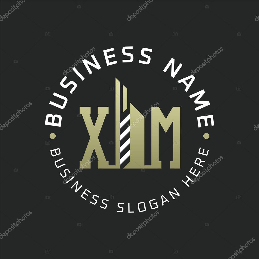 XM Letter Logo Design with Skyscraper Building. Modern XM Circular Badge Logo for Business Branding Real Estate Construction Company
