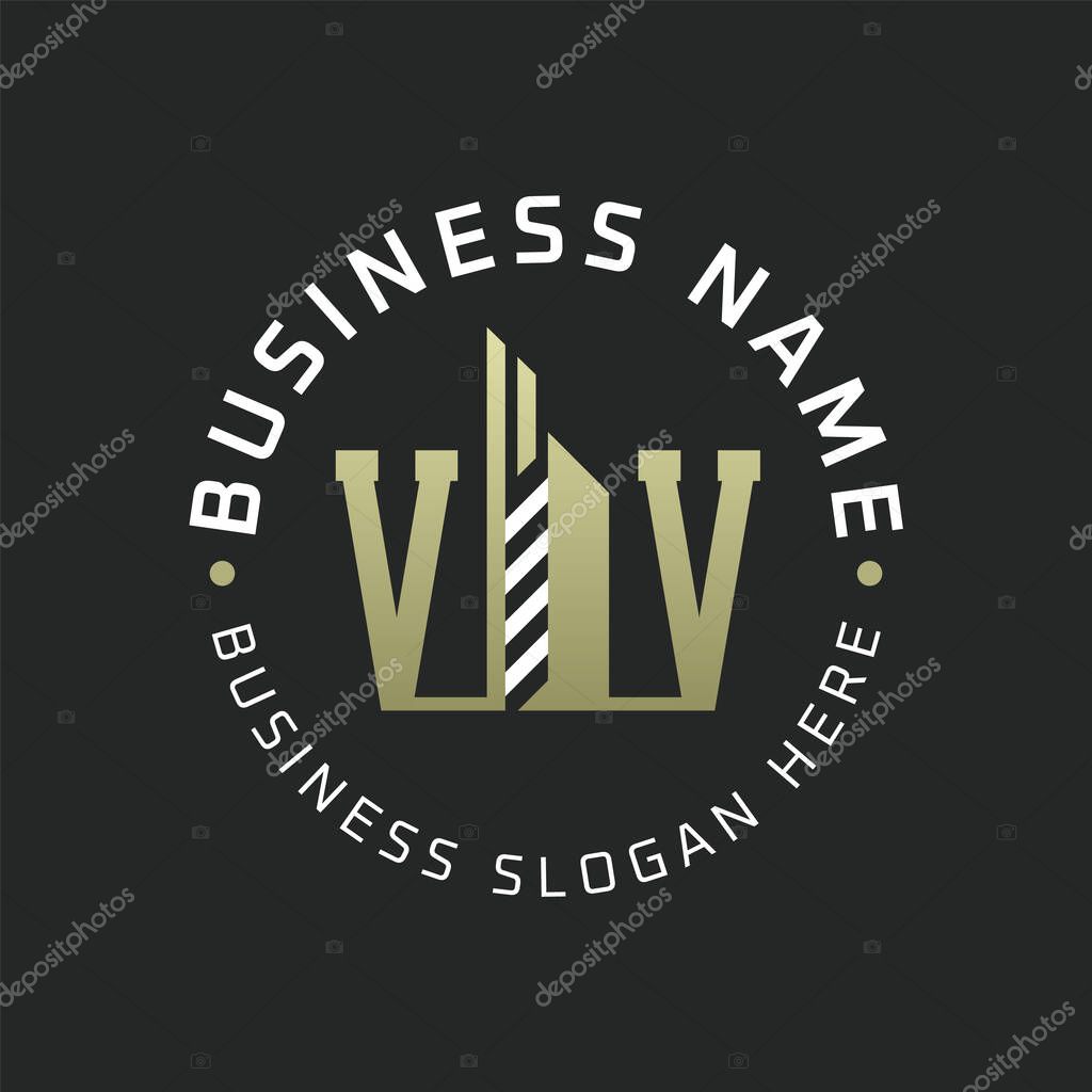 VV Letter Logo Design with Skyscraper Building. Modern VV Circular Badge Logo for Business Branding Real Estate Construction Company