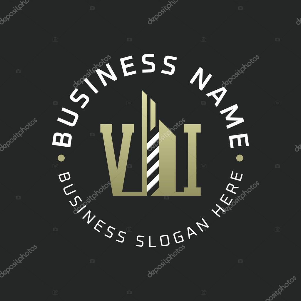 VI Letter Logo Design with Skyscraper Building. Modern VI Circular Badge Logo for Business Branding Real Estate Construction Company
