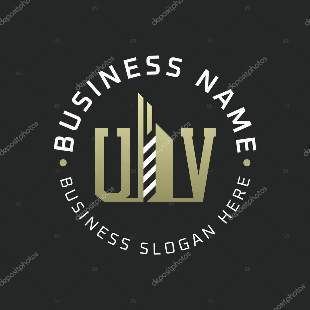 UV Letter Logo Design with Skyscraper Building. Modern UV Circular Badge Logo for Business Branding Real Estate Construction Company