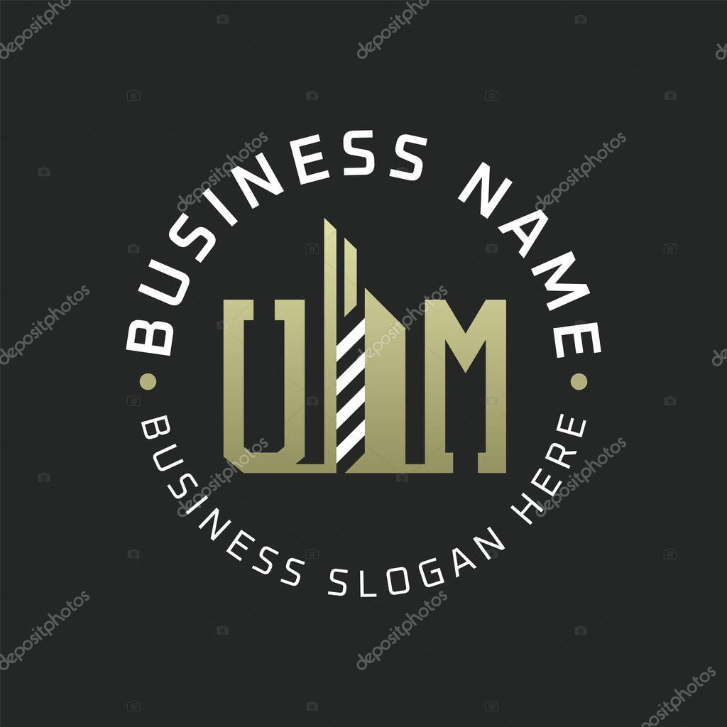 UM Letter Logo Design with Skyscraper Building. Modern UM Circular Badge Logo for Business Branding Real Estate Construction Company