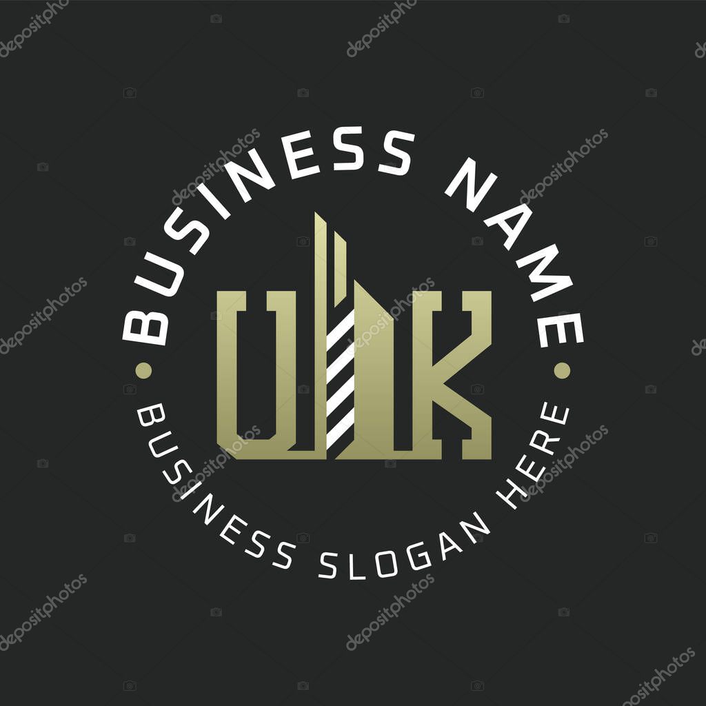 UK Letter Logo Design with Skyscraper Building. Modern UK Circular Badge Logo for Business Branding Real Estate Construction Company