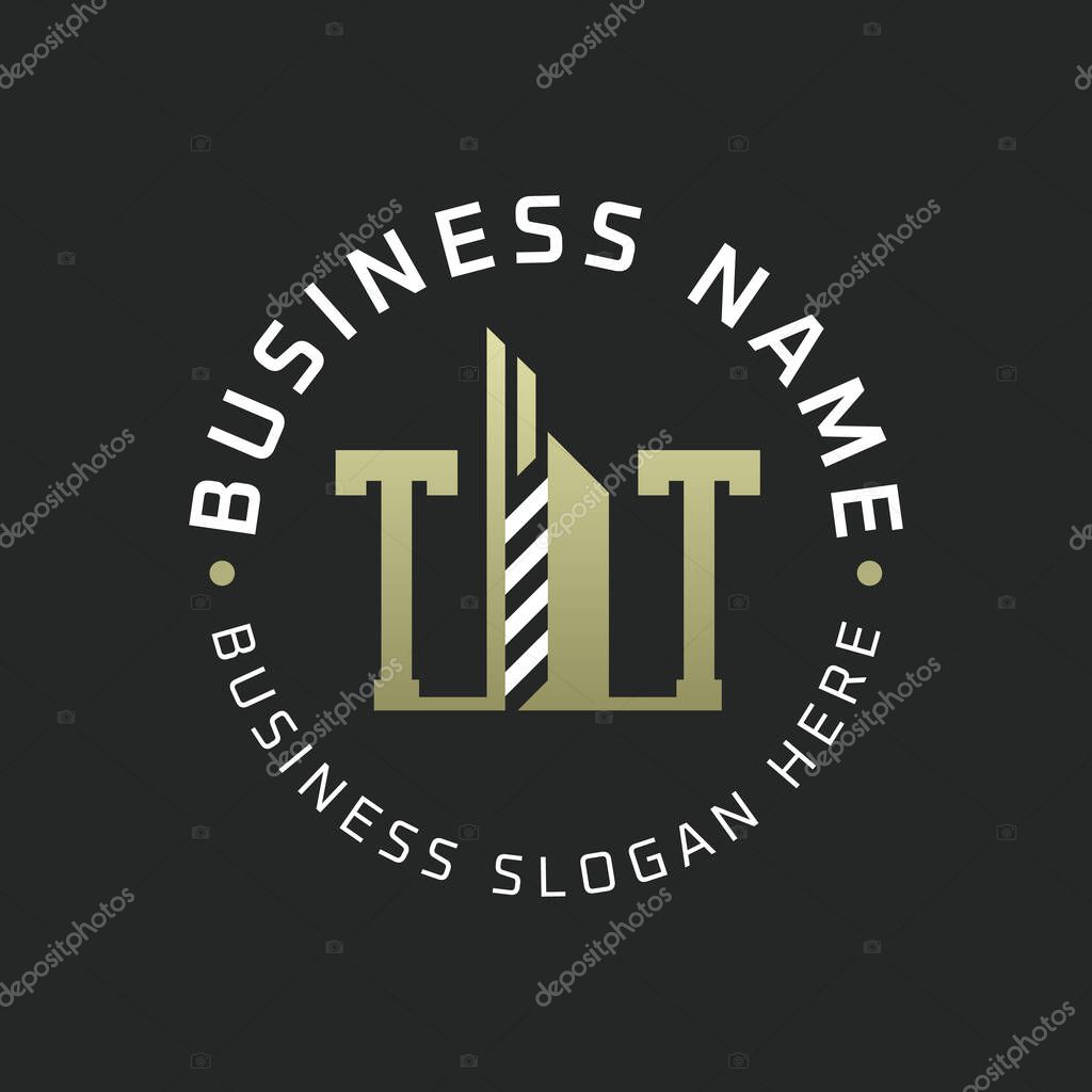 TT Letter Logo Design with Skyscraper Building. Modern TT Circular Badge Logo for Business Branding Real Estate Construction Company