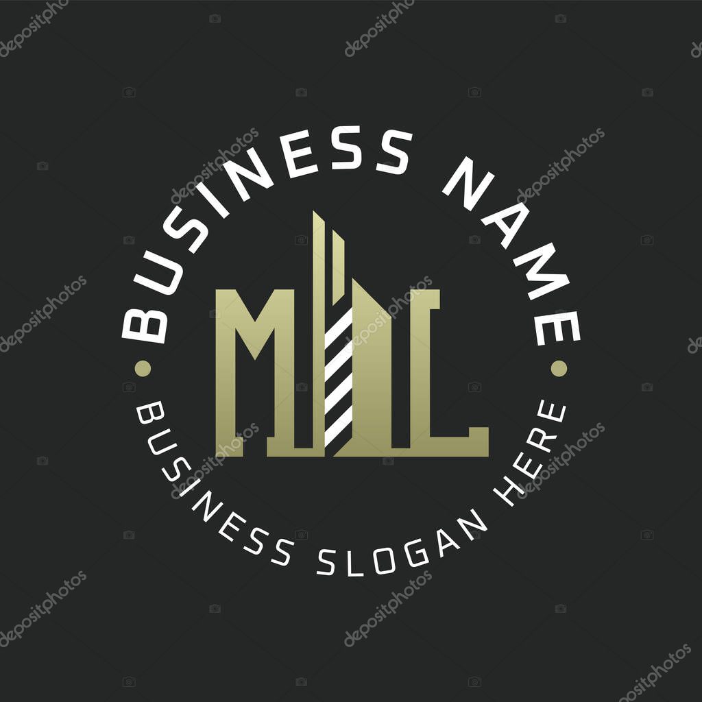 ML Letter Logo Design with Skyscraper Building. Modern ML Circular Badge Logo for Business Branding Real Estate Construction Company