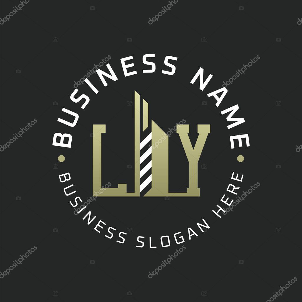 LY Letter Logo Design with Skyscraper Building. Modern LY Circular Badge Logo for Business Branding Real Estate Construction Company