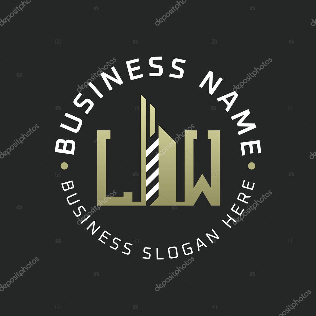 LW Letter Logo Design with Skyscraper Building. Modern LW Circular Badge Logo for Business Branding Real Estate Construction Company