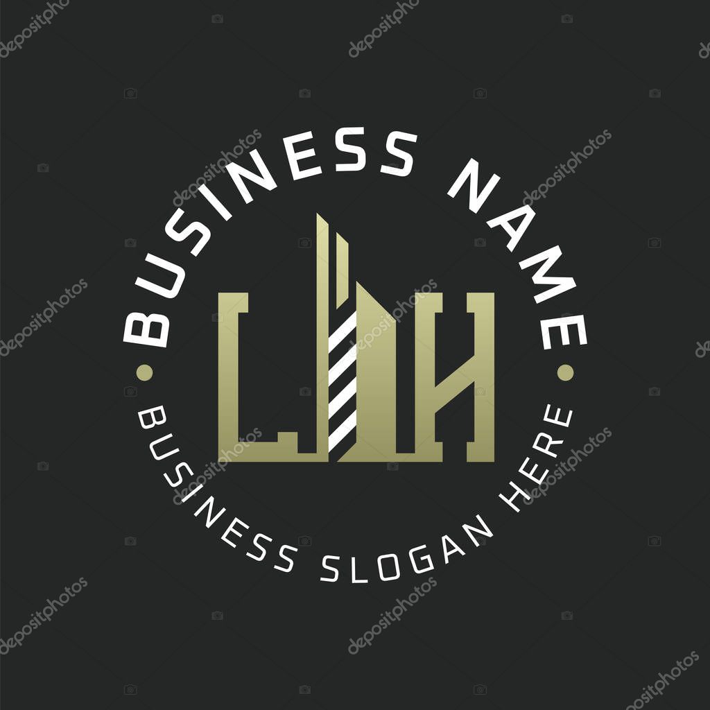 LH Letter Logo Design with Skyscraper Building. Modern LH Circular Badge Logo for Business Branding Real Estate Construction Company