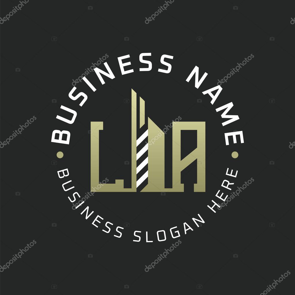 LA Letter Logo Design with Skyscraper Building. Modern LA Circular Badge Logo for Business Branding Real Estate Construction Company