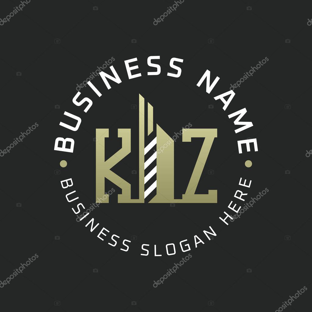 KZ Letter Logo Design with Skyscraper Building. Modern KZ Circular Badge Logo for Business Branding Real Estate Construction Company