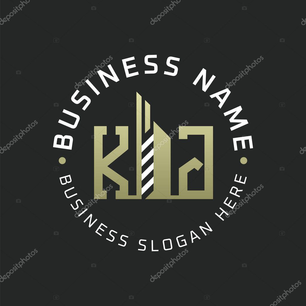 KJ Letter Logo Design with Skyscraper Building. Modern KJ Circular Badge Logo for Business Branding Real Estate Construction Company