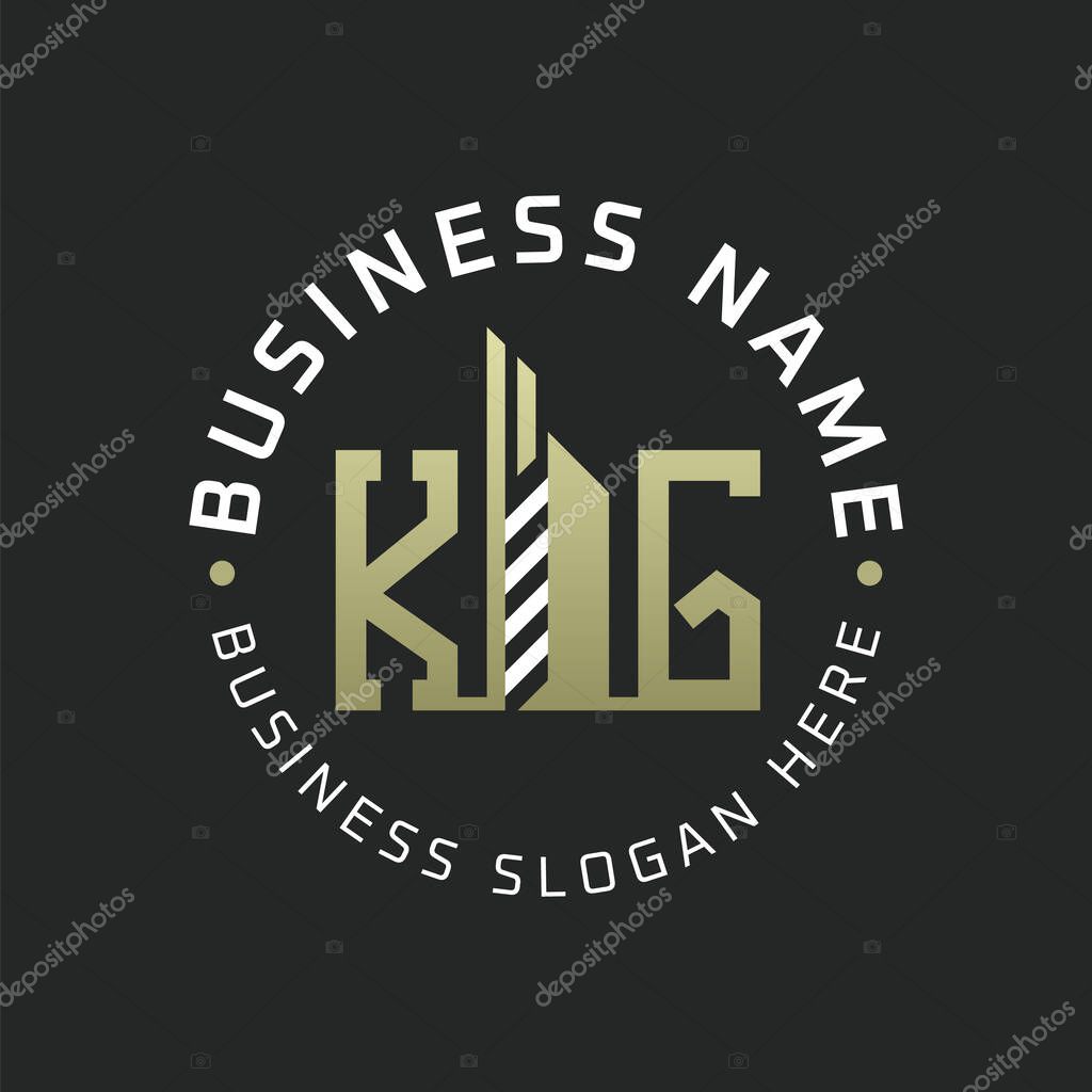 KG Letter Logo Design with Skyscraper Building. Modern KG Circular Badge Logo for Business Branding Real Estate Construction Company