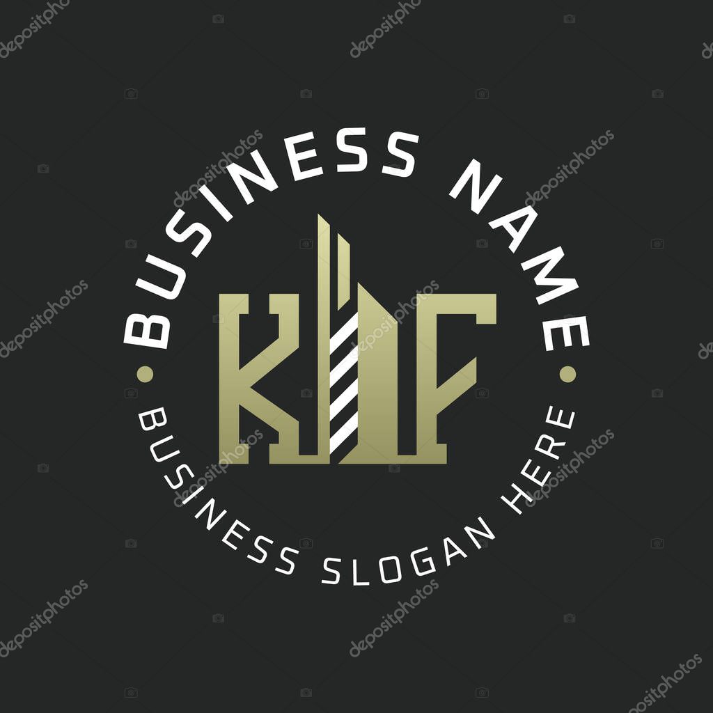 KF Letter Logo Design with Skyscraper Building. Modern KF Circular Badge Logo for Business Branding Real Estate Construction Company