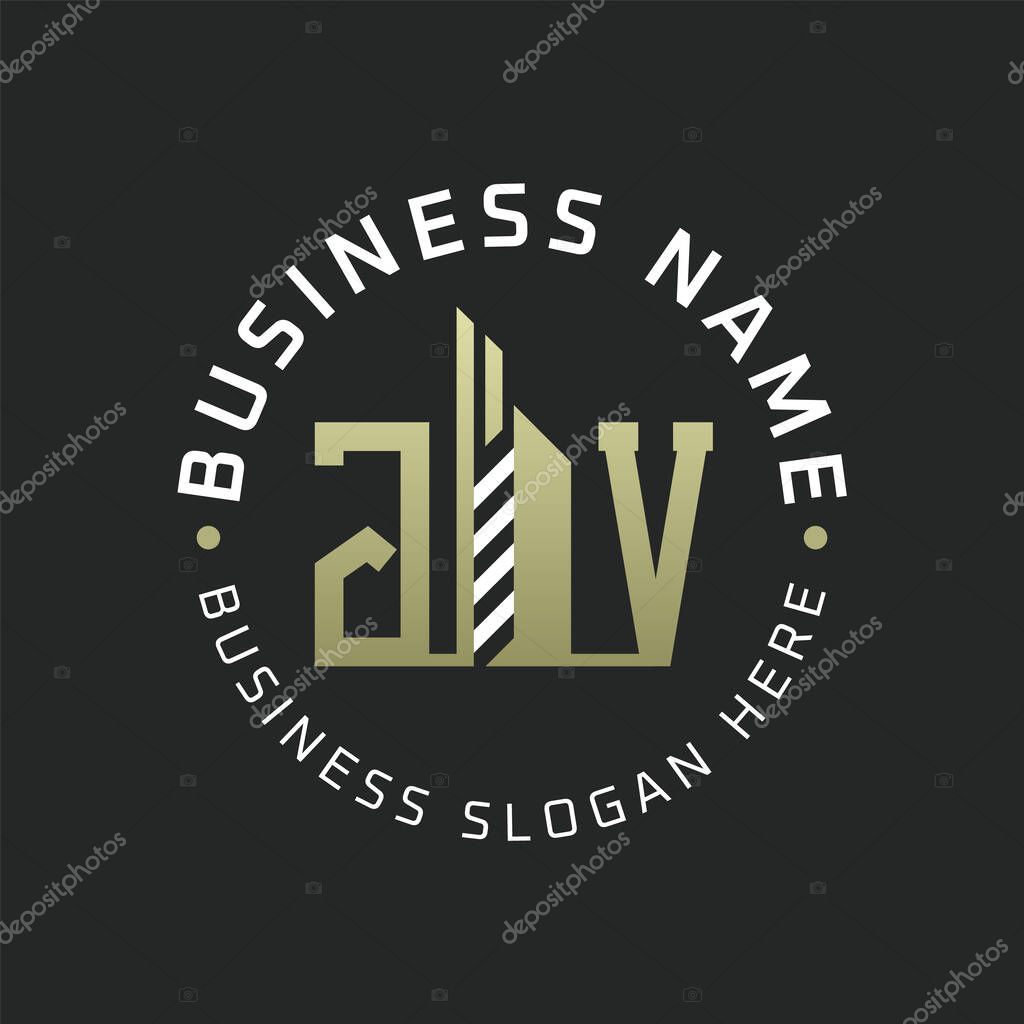 JV Letter Logo Design with Skyscraper Building. Modern JV Circular Badge Logo for Business Branding Real Estate Construction Company