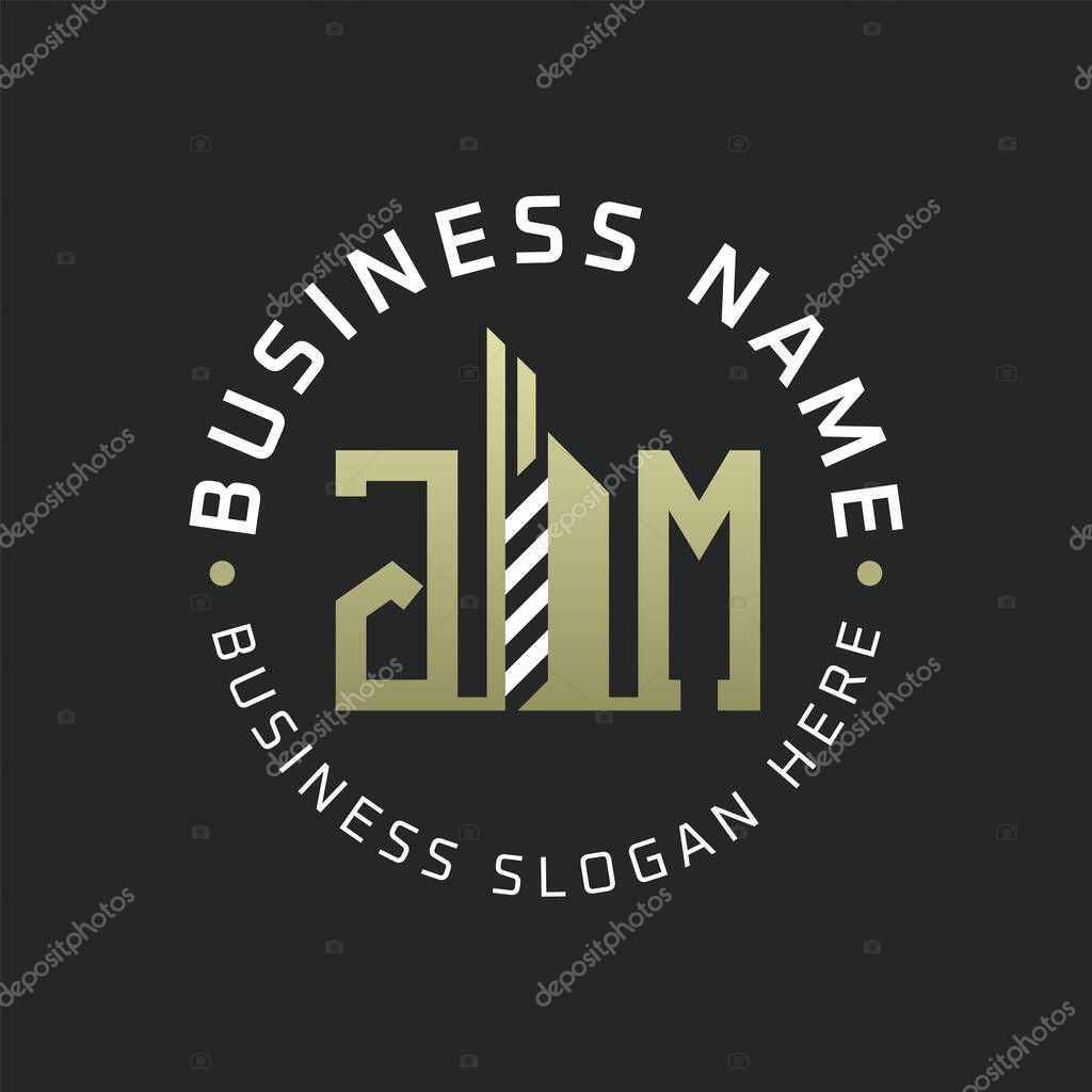 JM Letter Logo Design with Skyscraper Building. Modern JM Circular Badge Logo for Business Branding Real Estate Construction Company