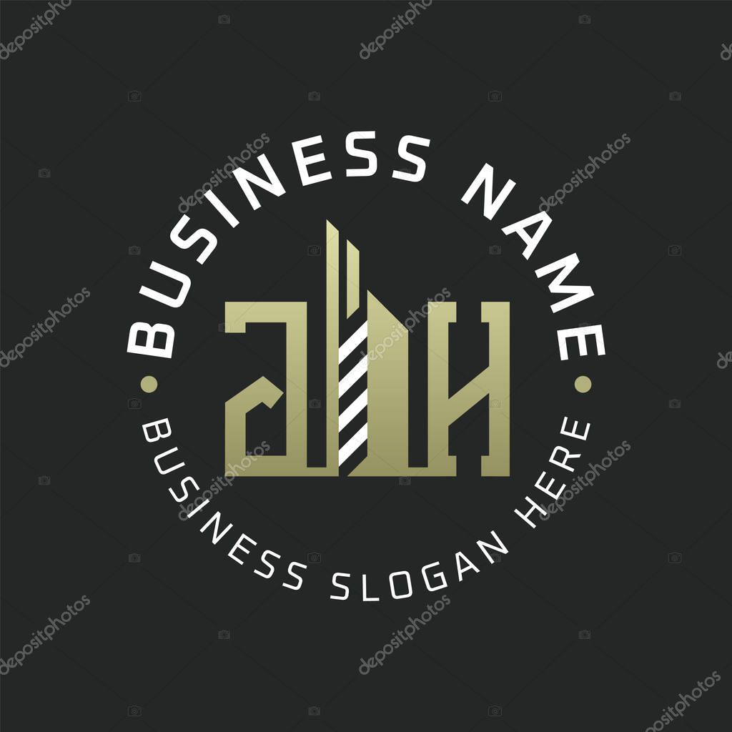 JH Letter Logo Design with Skyscraper Building. Modern JH Circular Badge Logo for Business Branding Real Estate Construction Company