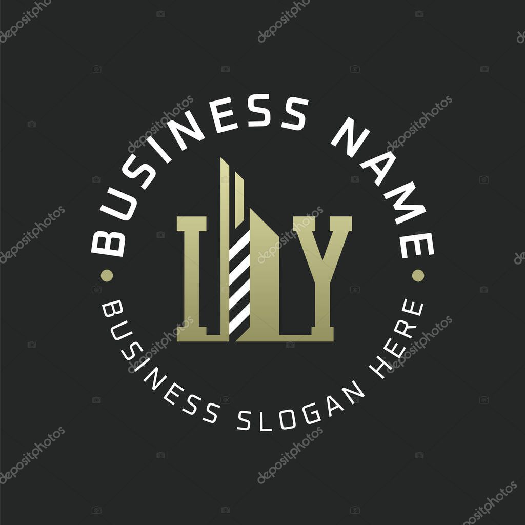 IY Letter Logo Design with Skyscraper Building. Modern IY Circular Badge Logo for Business Branding Real Estate Construction Company