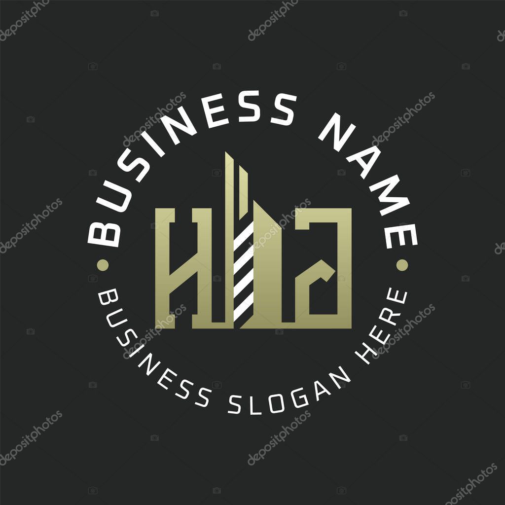 HJ Letter Logo Design with Skyscraper Building. Modern HJ Circular Badge Logo for Business Branding Real Estate Construction Company