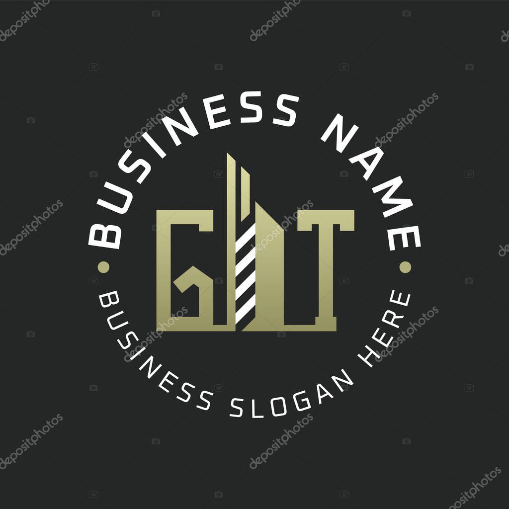 GT Letter Logo Design with Skyscraper Building. Modern GT Circular Badge Logo for Business Branding Real Estate Construction Company