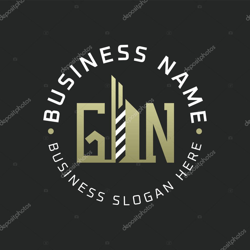 GN Letter Logo Design with Skyscraper Building. Modern GN Circular Badge Logo for Business Branding Real Estate Construction Company