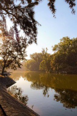 Güzel manzara - Chapultepec 'teki gölün kartpostalı, sabahın erken saatlerinde, gün doğumunda..