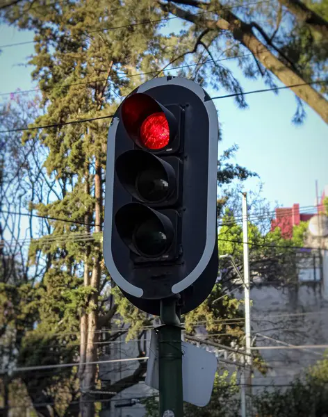 Photo of a traffic light in red of stop in the city.